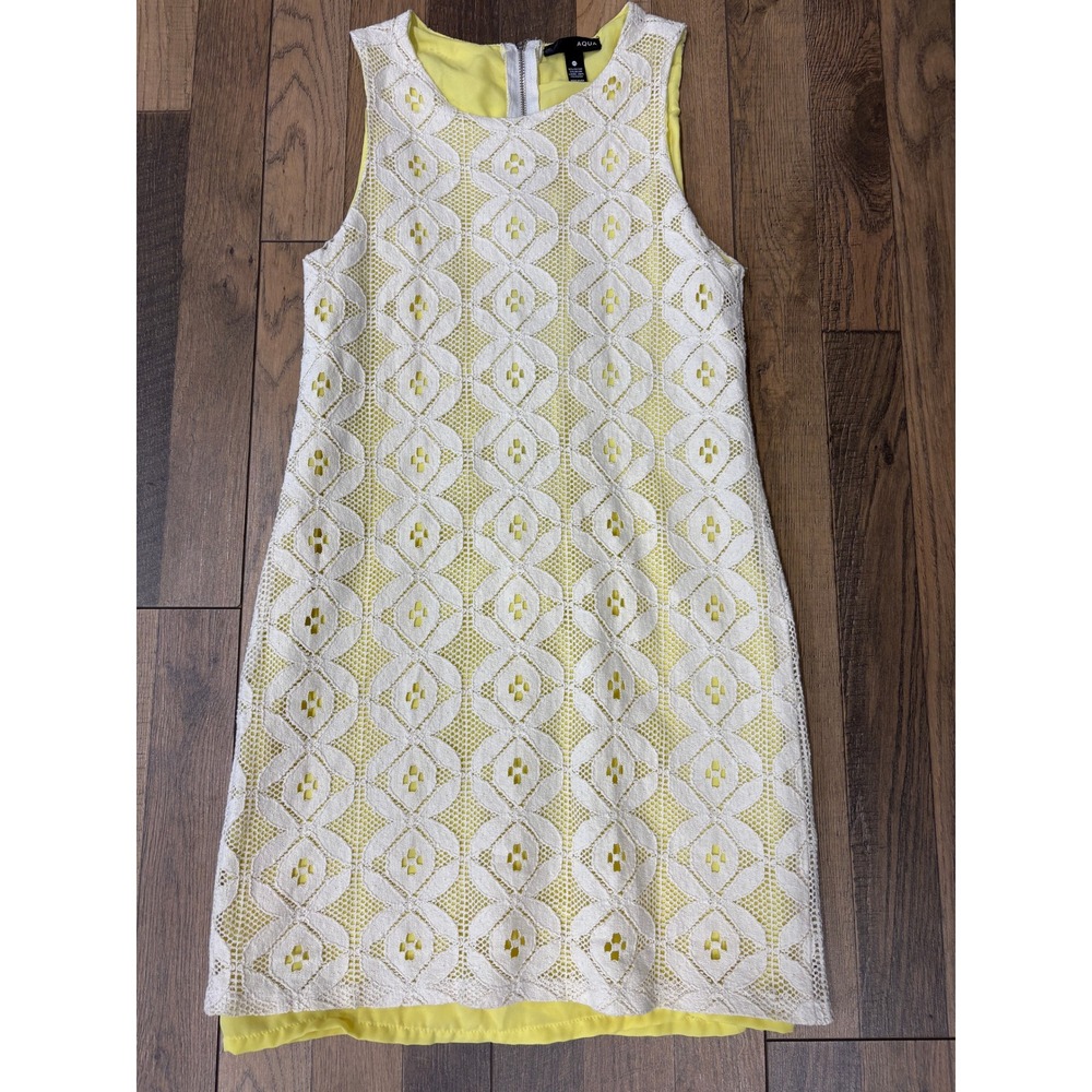 Aqua Yellow White Lace Overlay Sleeveless Shift Dress Womens XS Geometric Mini